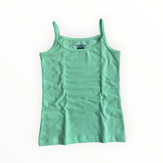 Pierrot Outlet WOODY mintgroene katoenen tanktop voor kinderen met smalle bandjes en ronde hals.