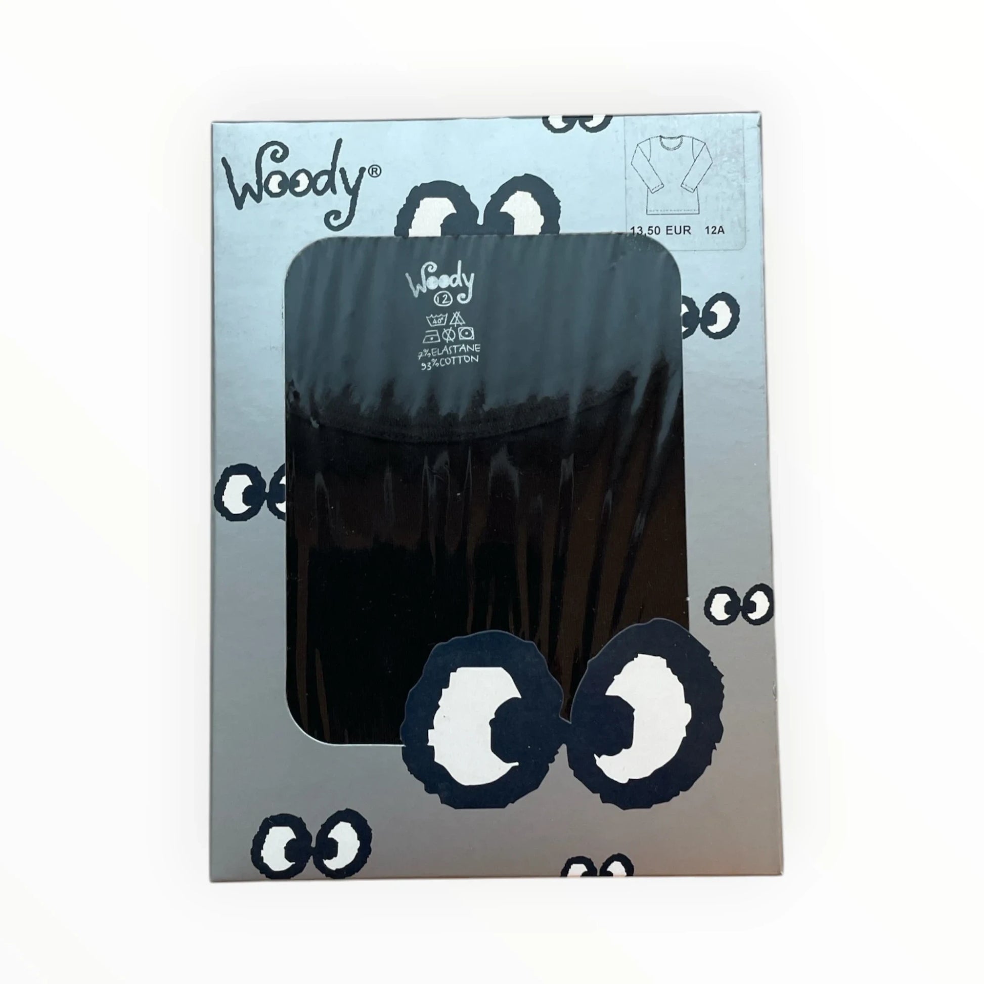 Pierrot Outlet Woody zwart T-shirt met lange mouwen, 97% katoen, 3% elastaan, maat 12A.