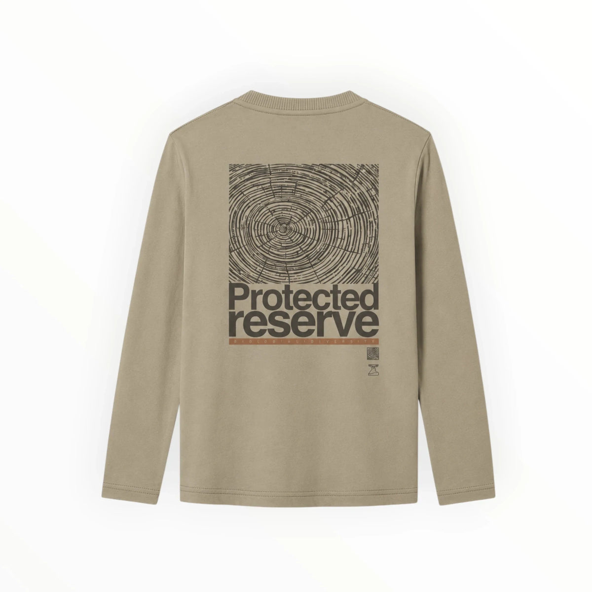 Pierrot Outlet zandkleurig shirt met lange mouwen en grafische boomringprint op de achterzijde van zacht katoen