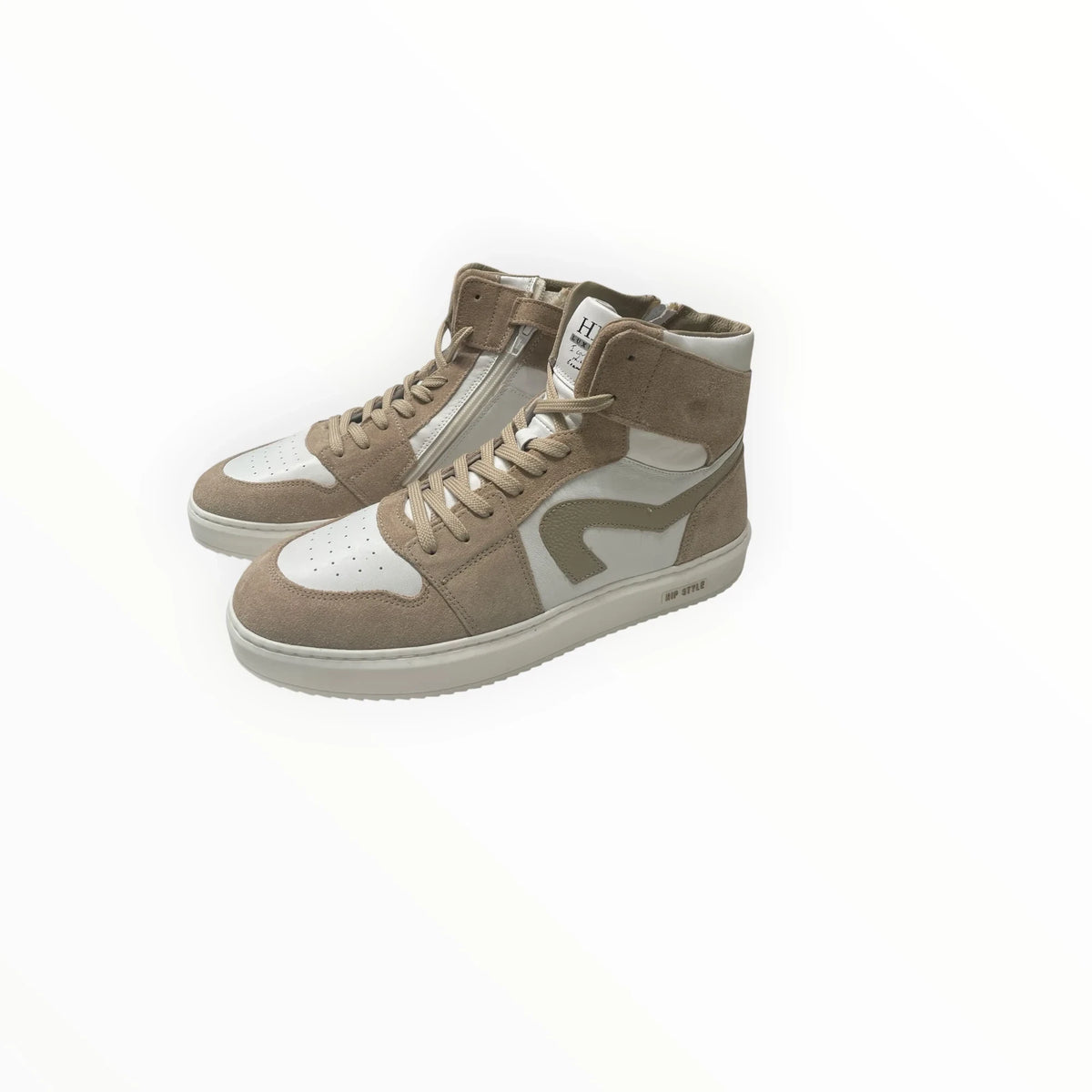 Pierrot Outlet zandkleurige suède high-top sneakers voor heren met witte accenten en handige ritssluiting aan de zijkant