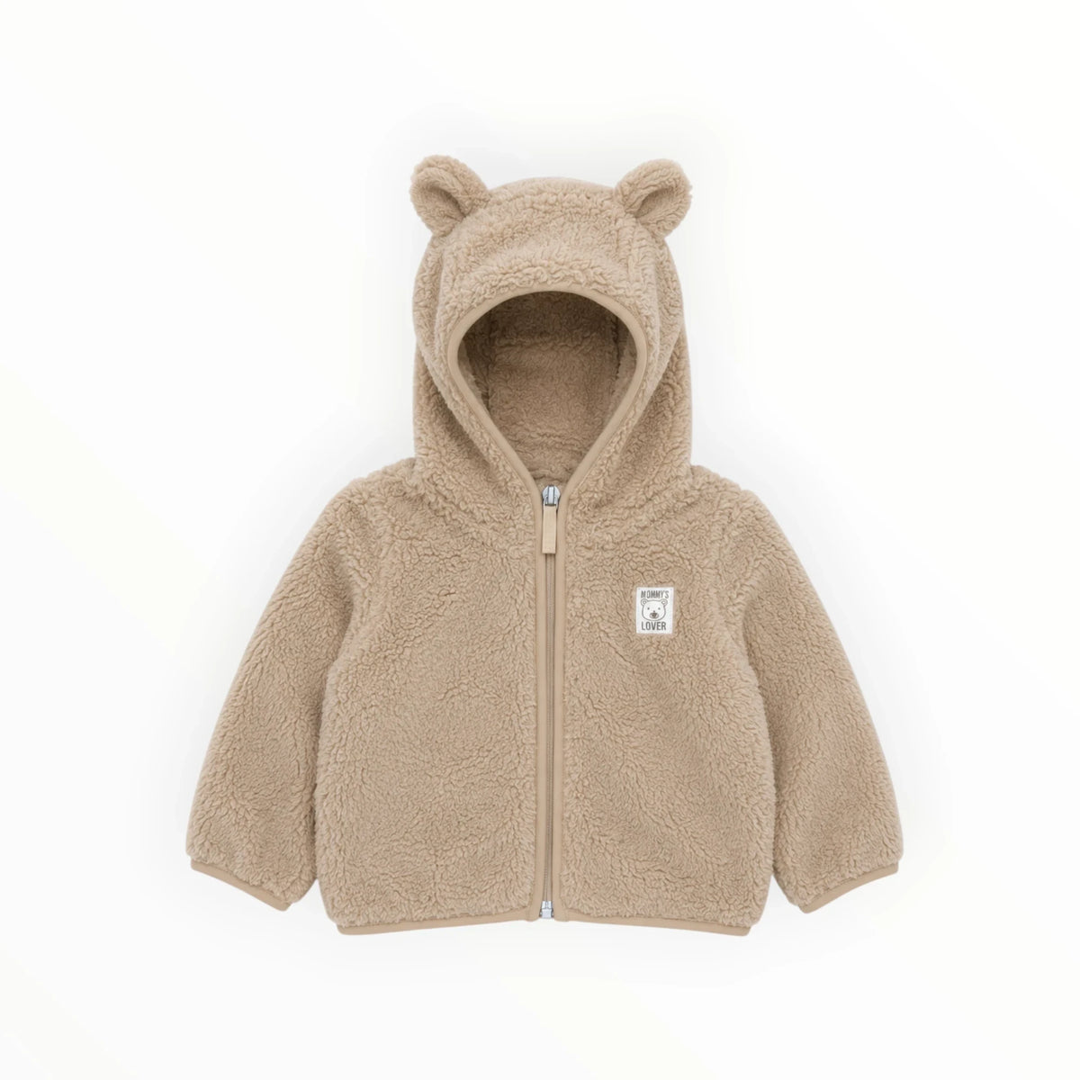 Pierrot Outlet zandkleurige teddy babyjas met capuchon, berenoortjes en ritssluiting voor extra comfort.
