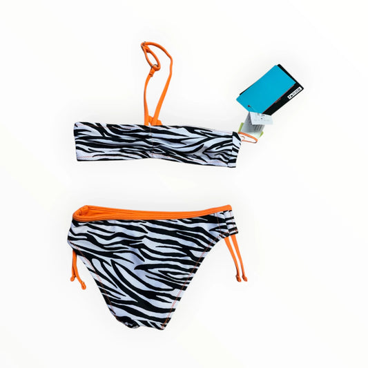 Pierrot Outlet meisjes bikini met zebraprint, strapless bandeau top en strikdetails, oranje accenten.