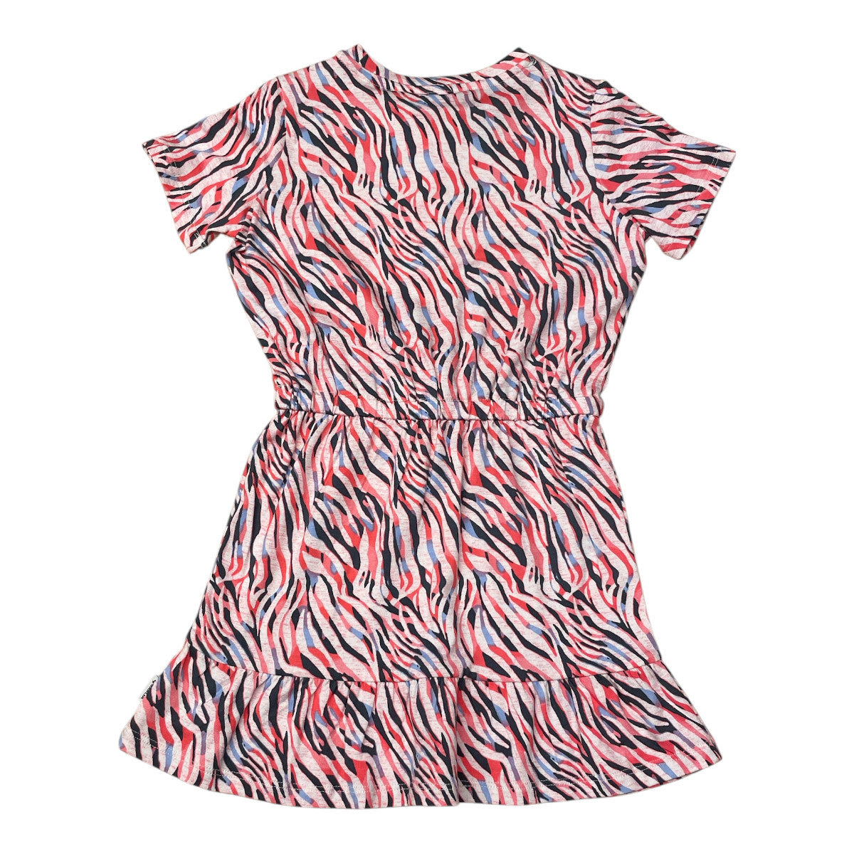 Pierrot Outlet jurk met zebraprint in rood, blauw en zwart, korte mouwen, ruches en trekkoord taille.