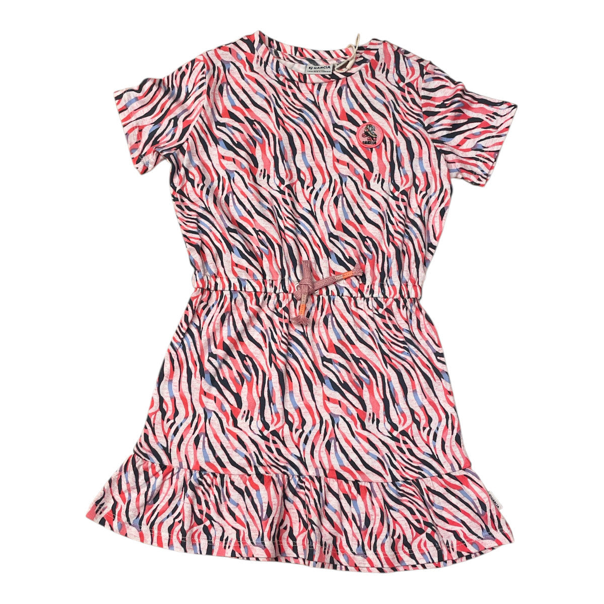 Pierrot Outlet jurk met zebraprint in rood, blauw en zwart. Korte mouwen, ruches en trekkoord taille.