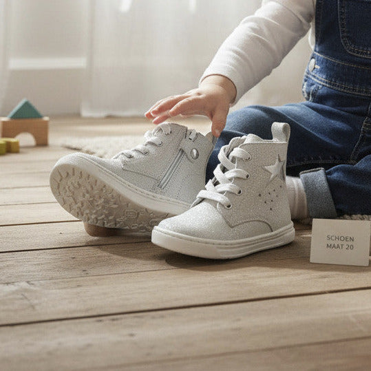 Pierrot Outlet zilveren glitter enkellaarsjes voor kinderen met sterrenapplicatie, veters en ritssluiting