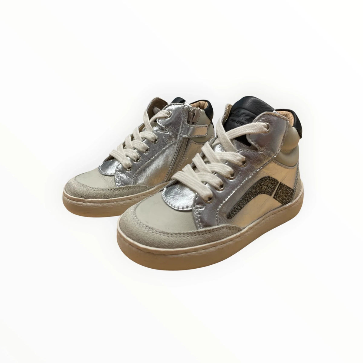 Pierrot Outlet hoge sneakers voor kinderen in zilverkleurig leer en suède met glitterdetails en zwarte accenten