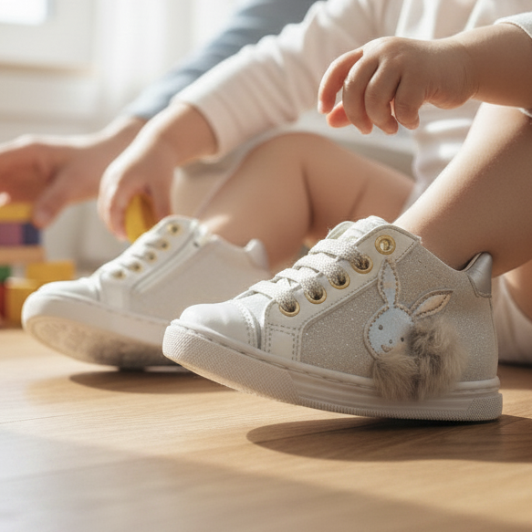 Pierrot Outlet zilveren kindersneakers met konijntjes-detail en pluizig accent gedragen door een kind op de vloer