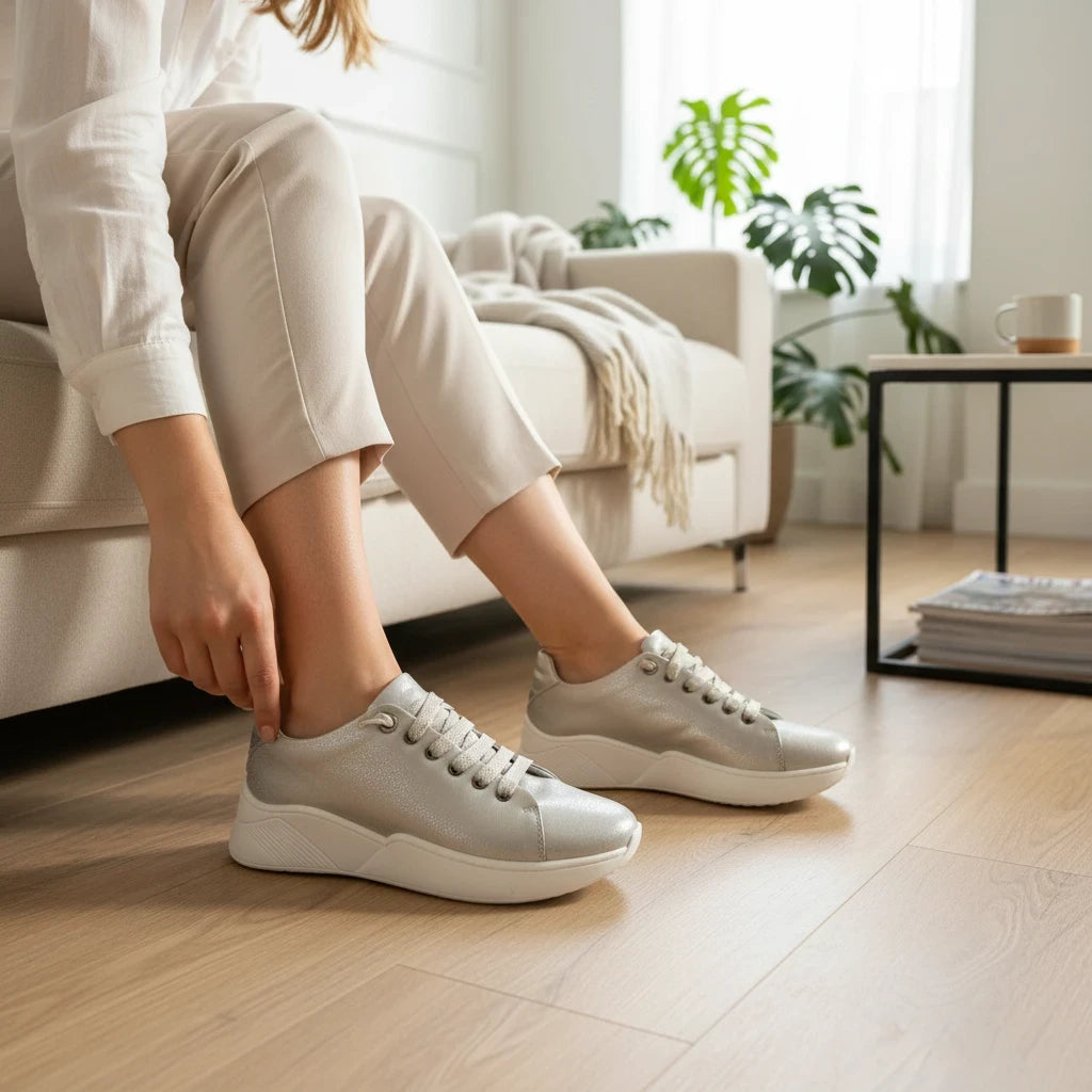 Pierrot Outlet metallic zilveren sneakers met plateauzool gedragen door een vrouw in een licht interieur.