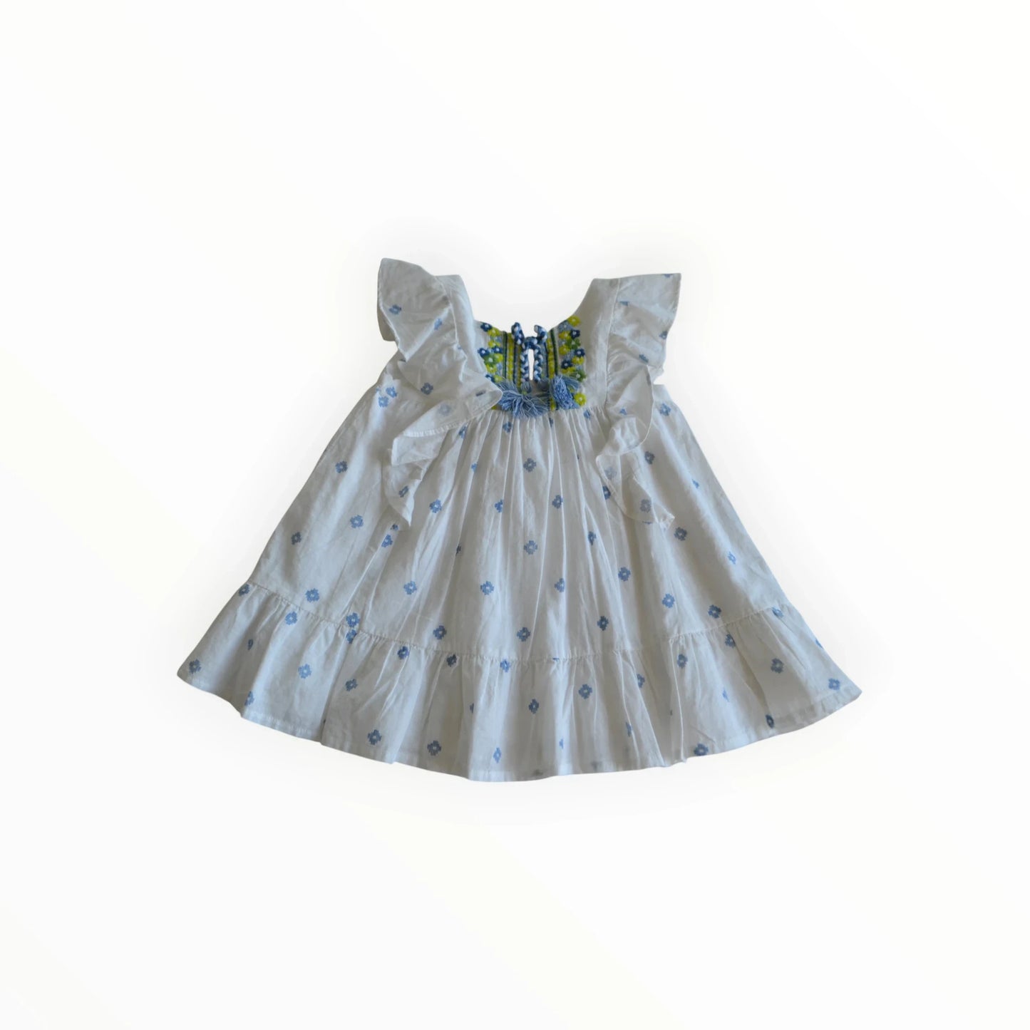 Pierrot Outlet zomerjurk van katoen met blauwe ruitprint, ruches en geborduurde details