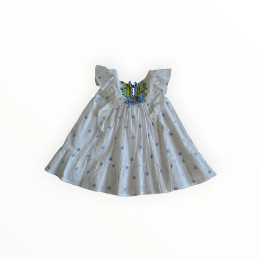 Pierrot Outlet zomerjurk van katoen met blauwe ruitprint, ruches en geborduurde details