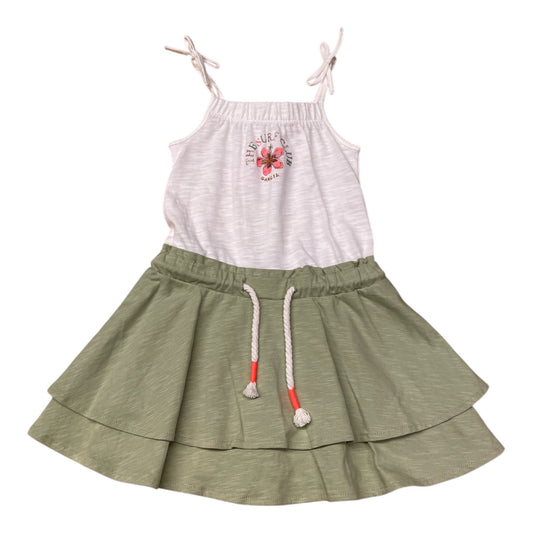 Pierrot Outlet zomerjurk met witte top en lichtgroene gelaagde rok, spaghettibandjes en strikjes