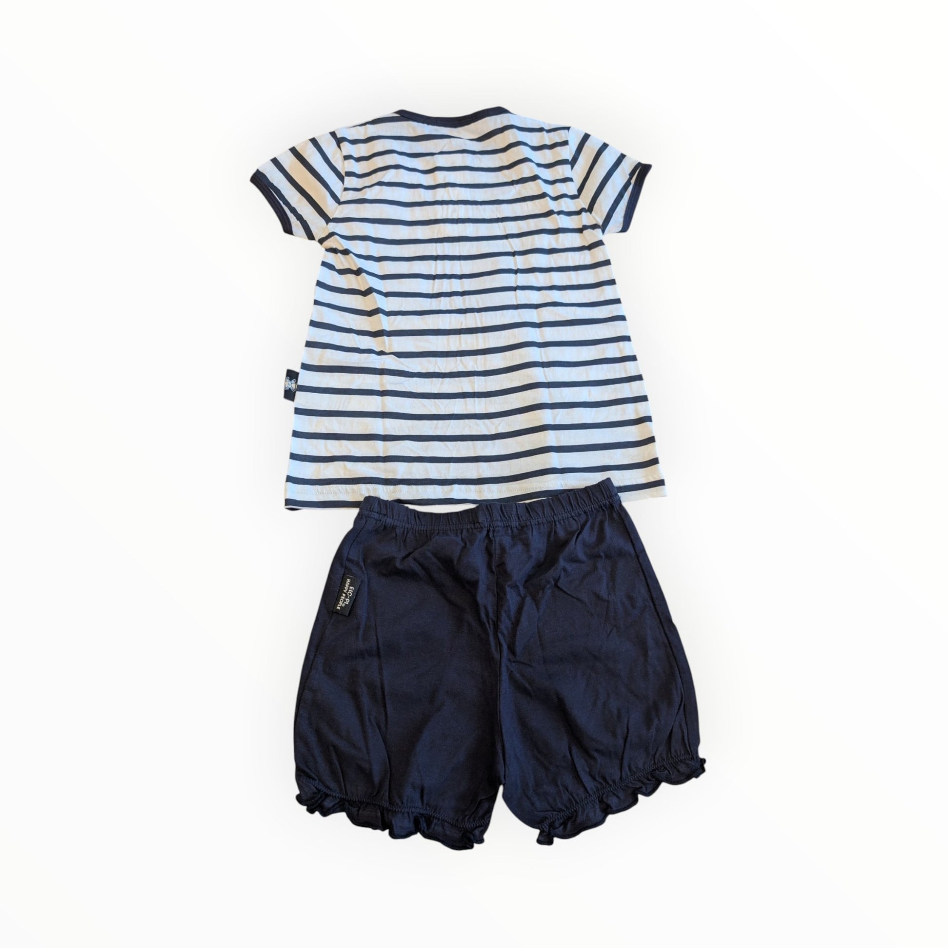 Pierrot Outlet zomerse set met wit-blauw gestreept T-shirt en donkerblauwe short met ruches voor kinderen