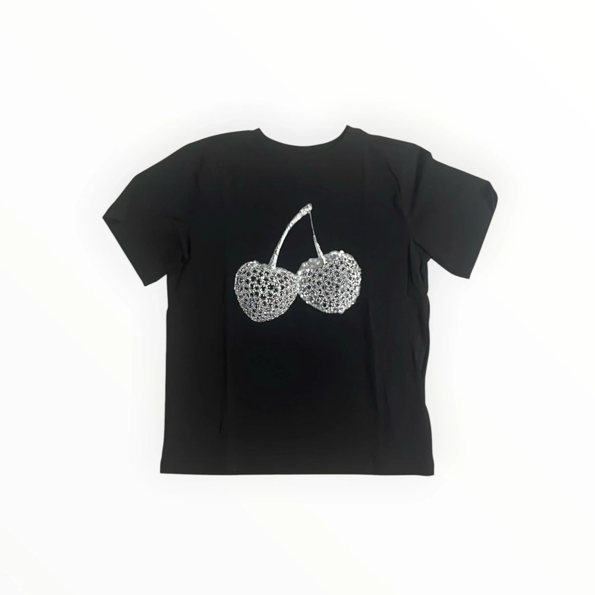 Pierrot Outlet zwart katoenen T-shirt met een glinsterende zilveren kersenprint op de voorzijde.