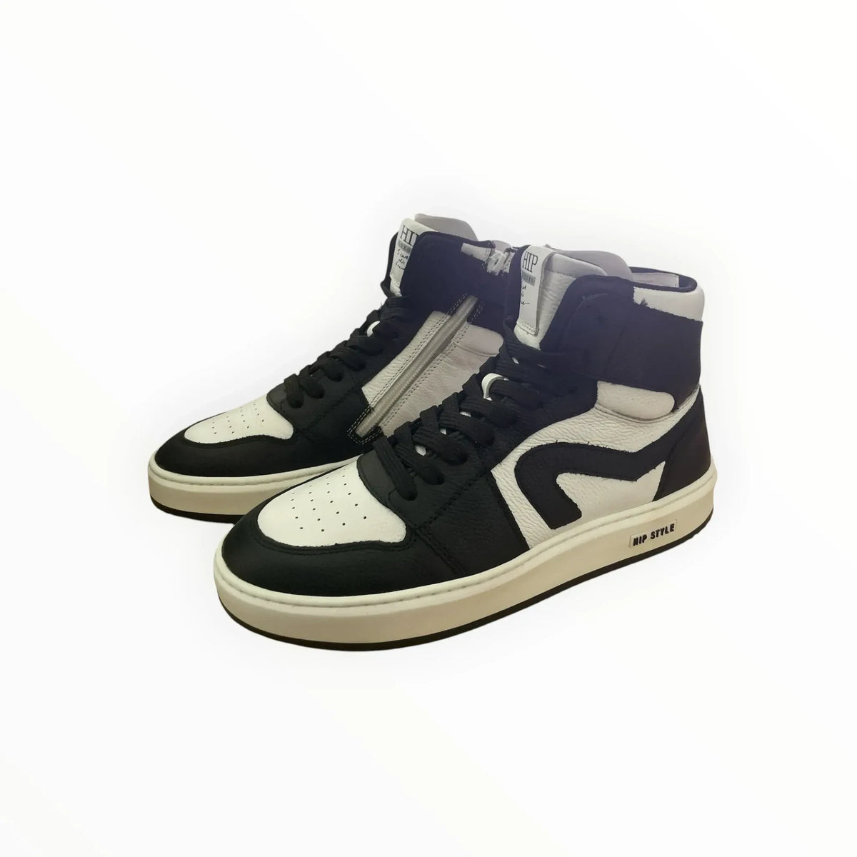 Pierrot Outlet zwart-witte high-top sneakers voor heren met veters en ritssluiting aan de zijkant