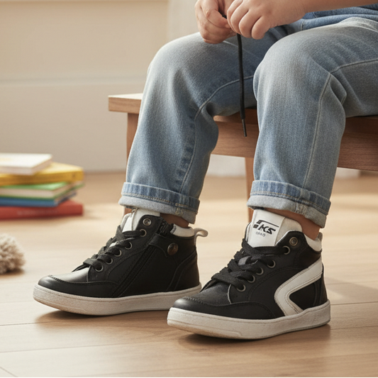Kind draagt Pierrot Outlet zwarte hoge sneakers met witte accenten, veters en ritssluiting voor een stoere look.