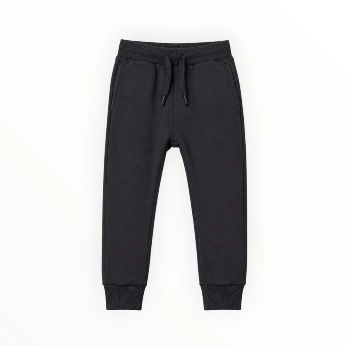 Pierrot Outlet zwarte katoenen joggingbroek voor kinderen met elastische tailleband, trekkoord en geribbelde boorden.