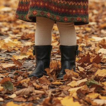 Pierrot Outlet zwarte enkellaarsjes met glitterdetail voor kinderen, gedragen door een meisje in een herfstbos.