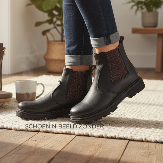 Pierrot Outlet zwarte leren enkellaarsjes voor kinderen met bordeauxrode glitter inzet en stevige profielzool.