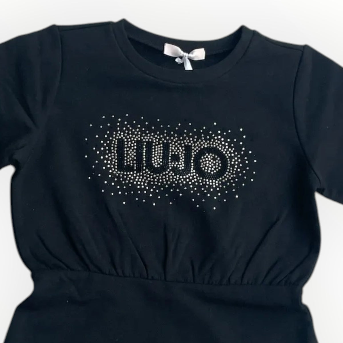 Pierrot Outlet zwarte Liu Jo meisjesjurk met lange mouwen en glinsterend strass-logo op de borst