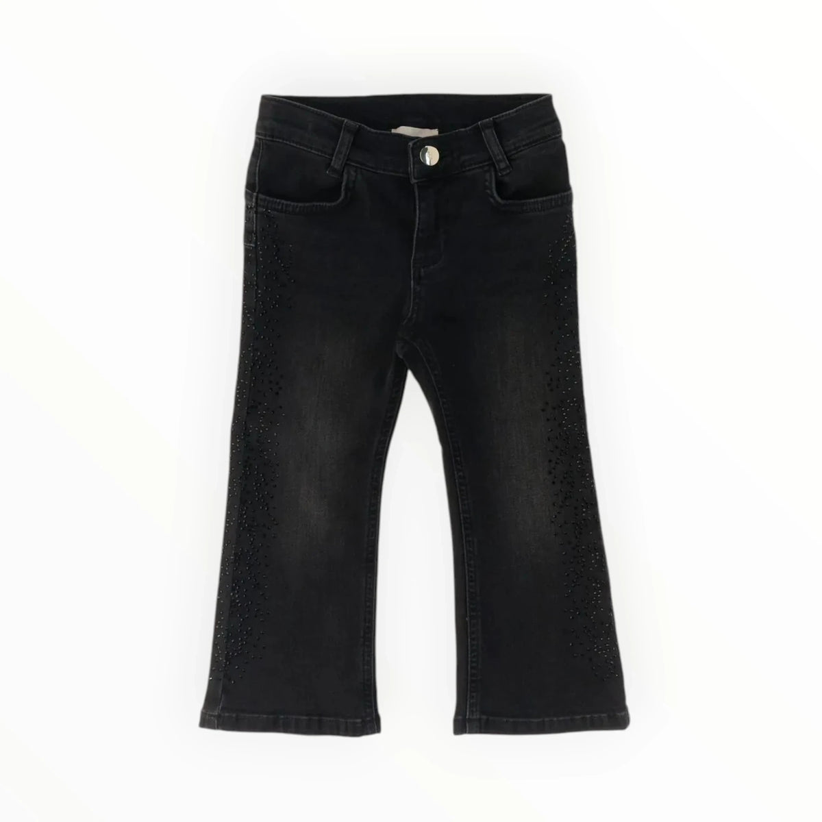 Pierrot Outlet zwarte meisjesjeans met stretch en glinsterende steentjes langs de zijkanten van de broekspijpen.