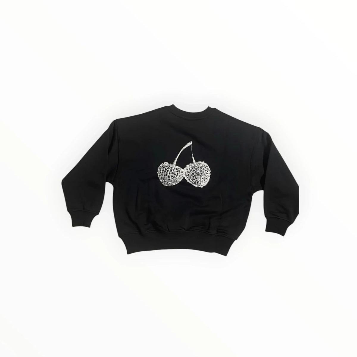 Pierrot Outlet zwarte sweater met ronde hals en gedetailleerde witte kersenprint op de achterzijde