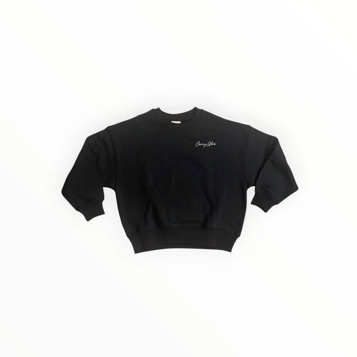 Pierrot Outlet zwarte sweater met ronde hals en subtiel wit geborduurd logo op de borst