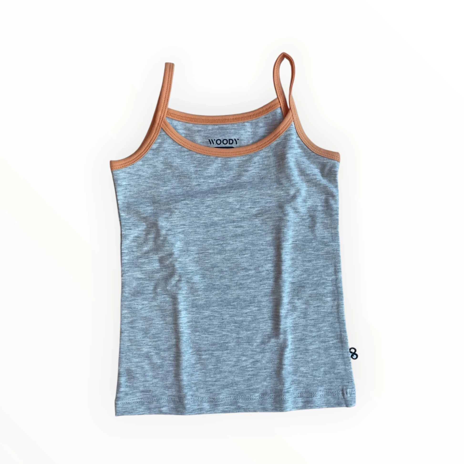 WOODY meisjes tanktop in gemêleerd grijs katoen met oranje biezen. Comfortabel en stijlvol.